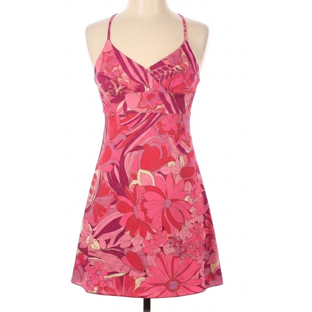 VTG Express Y2K Babydoll Mini Sundress Size 1/2 Pink Psychedelic Floral Tank